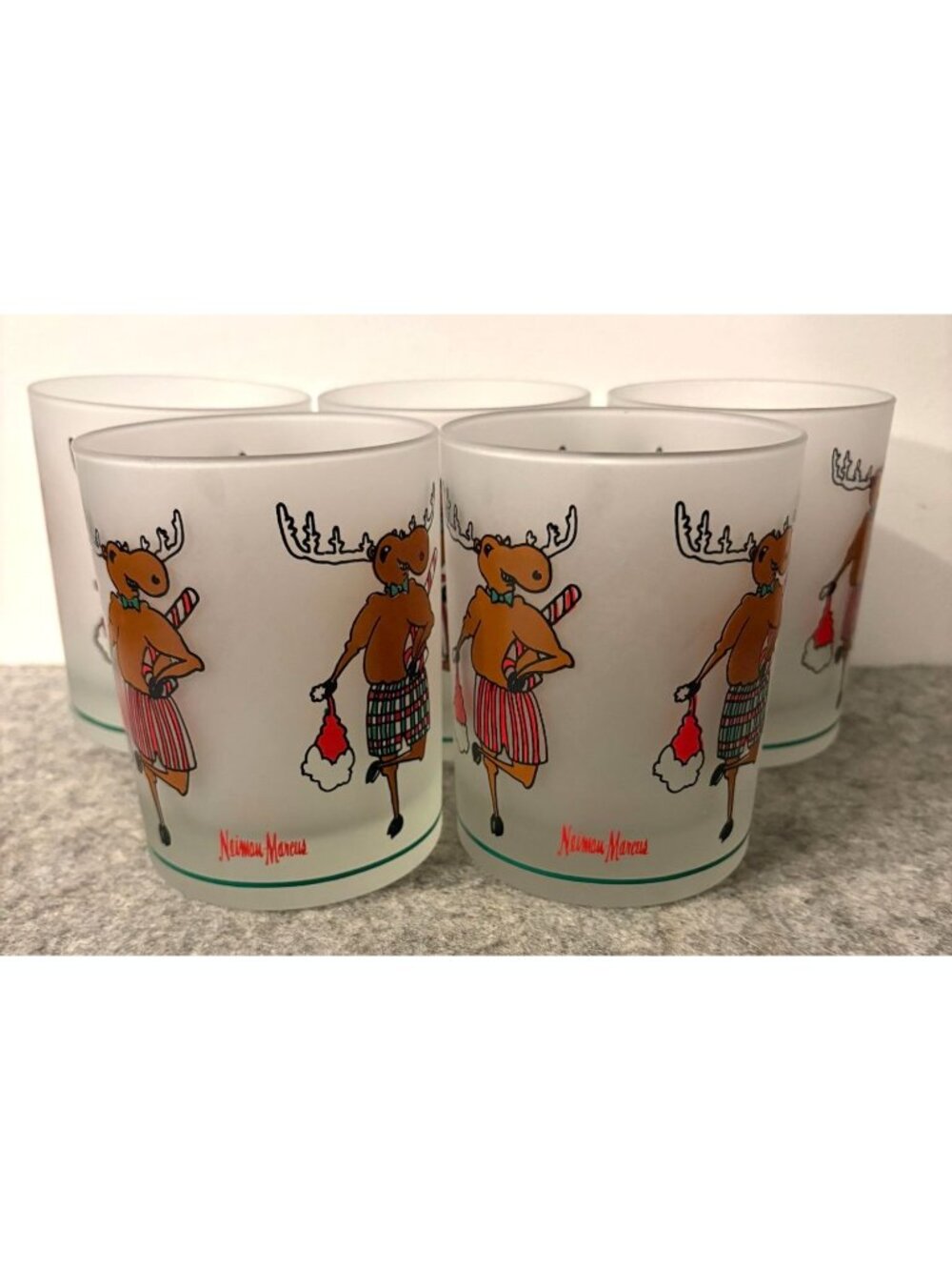 Set of 5 Neiman Marcus Frosted Glass Tumblers w/ Reindeer/Moose In Holiday Boxer